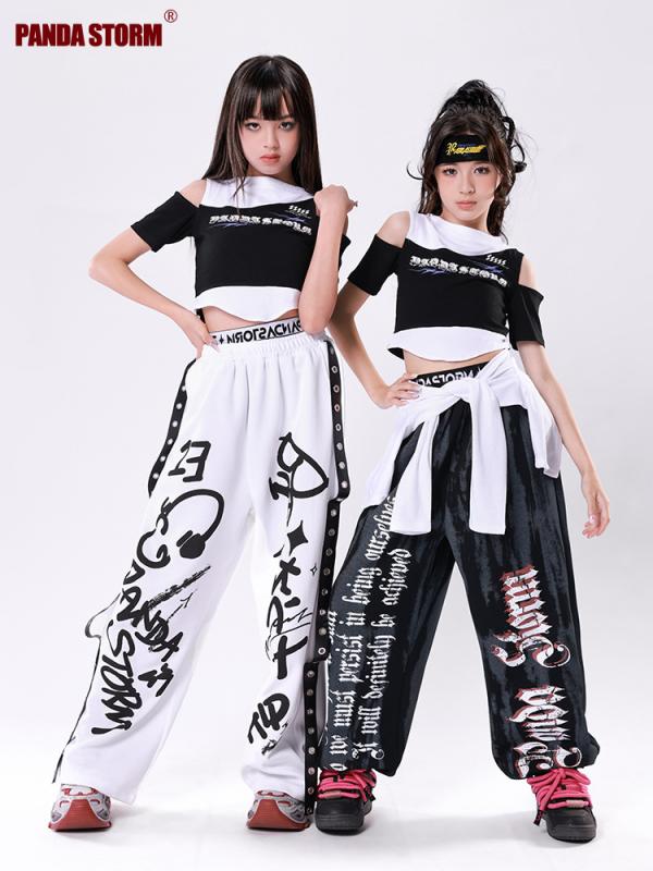 ジャズダンス衣装 女の子 子供 セット 黒 白 半袖 Tシャツ 長袖 トップス 運動パンツ ストレートパンツ ジョガーパンツ コットン プリント柄 ヒップホップスタイル ストリートダンス 春