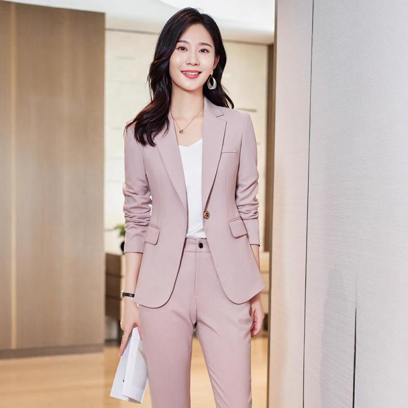 スーツ レディース 高級感 エレガント ジャケット パンツ セット 長袖 長ズボン 通勤 面接 ビジネス フォーマル アナウンサー 司会 春秋 ポリエステル レーヨン 混紡 ピンク 黒 茶色
