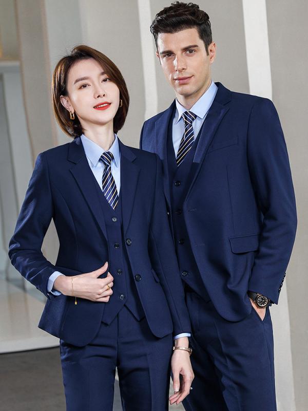 スーツセット メンズ レディース 秋冬 ビジネス ユニフォーム ポリエステル 混紡 長袖 長ズボン 黒 青 ライトブルー シャツ ベスト