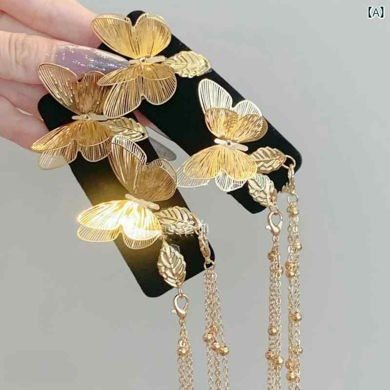 前髪クリップ レディース 金 黒 赤 蝶柄 透かし彫り タッセル 中国風 ヘアアクセサリー 春 金属 電気メ..