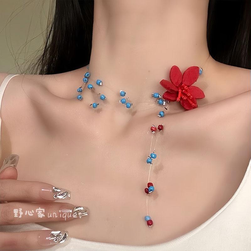 ネックレス チョーカー レディース 花 ビーズ 鎖骨チェーン 手編み 春 かわいい 青 赤 透明 アクセサリ..