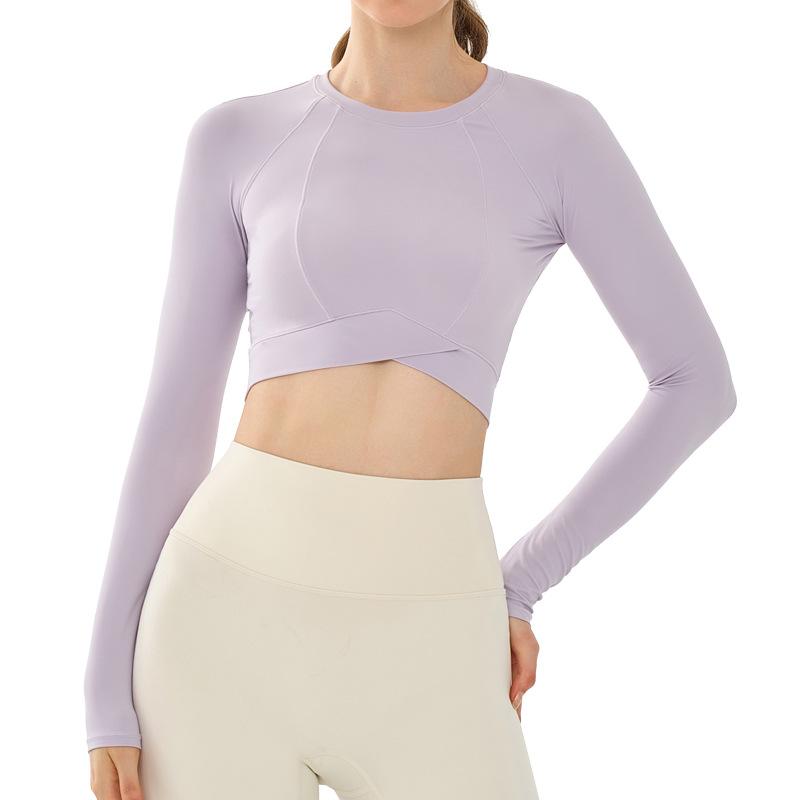 Tops - ヨガトップス レディース 長袖 丸首 スリムフィット ウエストシェイプ カジュアル クロス ショート丈 フィットネスウェア 春夏 伸縮素材 ナイロン スパンデックス 紫 緑 グレー