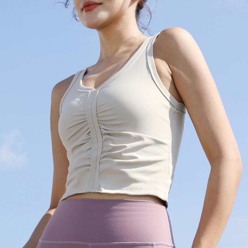 Ladies Wear - スポーツブラ レディース Vネック ロング丈 ノースリーブ パッド入り ノーワイヤー フィット ナイロン 伸縮性 オールシーズン ランニング フィットネス ヨガ ベージュ 黒 グレー
