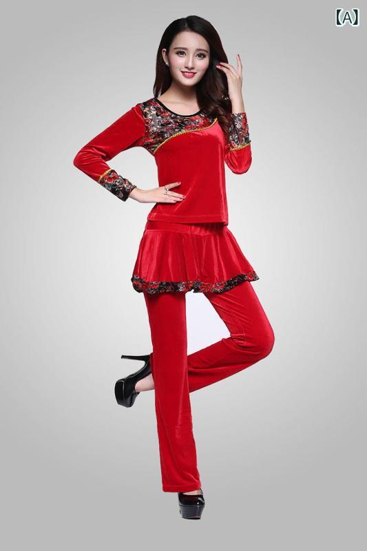 広場ダンス衣装 レディース 中高年 秋冬 長袖 セット フレアスカート 小花柄 金糸ベルベット 金縁 ステージ 赤 ゴールド ブルー