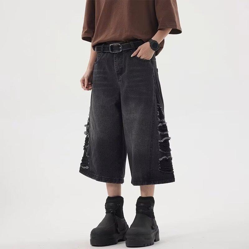 デニム ショーツ メンズ 7分丈 夏 グレー アメリカン レトロ 水洗い ストレート ローライズ 薄手 カジュアル 普段使い 手描き ストレッチ ベーシック ストリート ユニーク