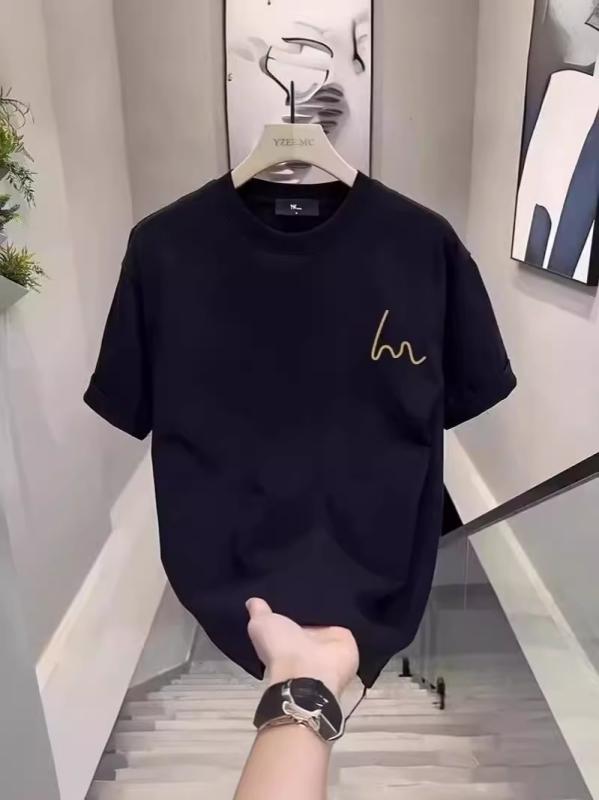 乐天商城 - Tシャツ メンズ 半袖 夏 黒 綿 アルファベット柄 プリント 刺繍 クルーネック ゆったり 普段使い カジュアル 通気性 吸湿速乾 シンプル ベーシック