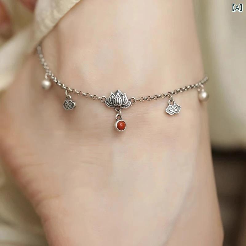 おうち健康生活のアンクレット レディース レトロ 宮廷風 蓮の花 如意 南紅 赤 フリンジ ベル エスニック 銅 夏 花モチーフ おしゃれ かわいい 旅行 アクセサリー｜アングル2