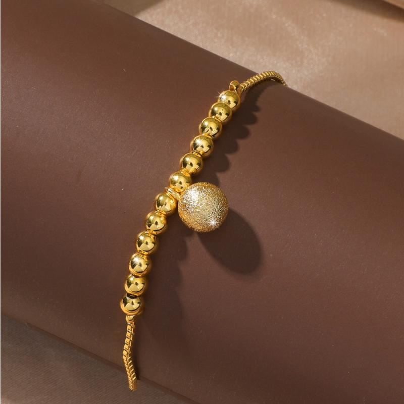 アンクレット レディース シンプル ボックスチェーン 銅 サンドゴールドメッキ ラッキービーズ マット..