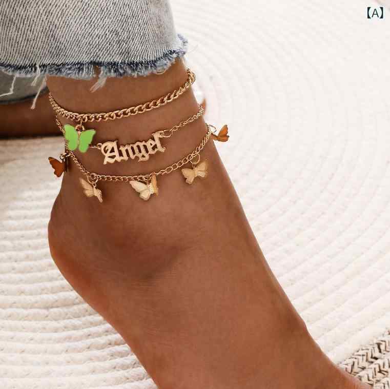 Anklets - アンクレット メンズ レディース シンプル かわいい 蝶モチーフ 天使 吊り下げ 花 タッセル ピンク グリーン ブルー アクリル 金属 人工石 アクセサリー 足元 おしゃれ セット