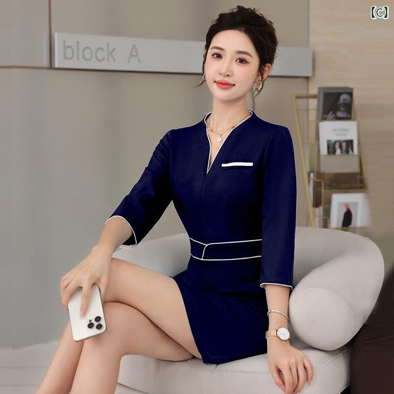 作業服 レディース 美容 トレーニング 美髪 ネイル 医美 ヘッドスパ フットバス 技師 高弾力 伸縮性 吸湿速乾 ポリエステル Vネック 半袖 中袖 ロングパンツ セット オールシーズン 黒 白 紺 ouchikenko-11516390 おうち健康生活 サンプル画像3