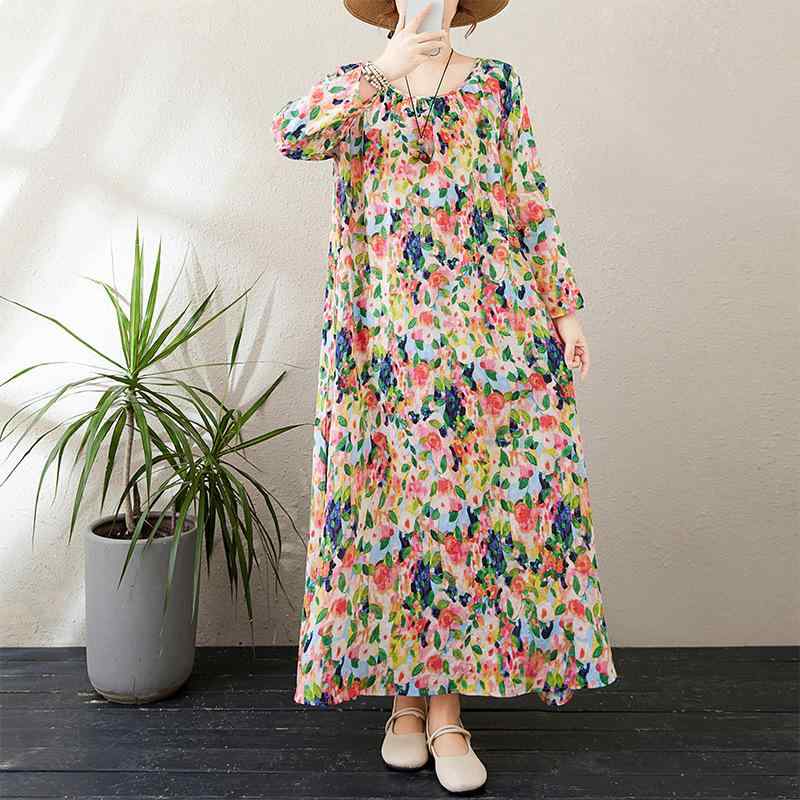 ・カテゴリ: ワンピース・スタイル: レトロ・主な素材: 綿50-70%・柄: 花柄・加工: ギャザー・丈: ロング・スカート形状: Aライン・ネックライン: クルーネック・袖丈: 長袖・ウエスト: ルーズ・サイズ展開: L、XL、2XL