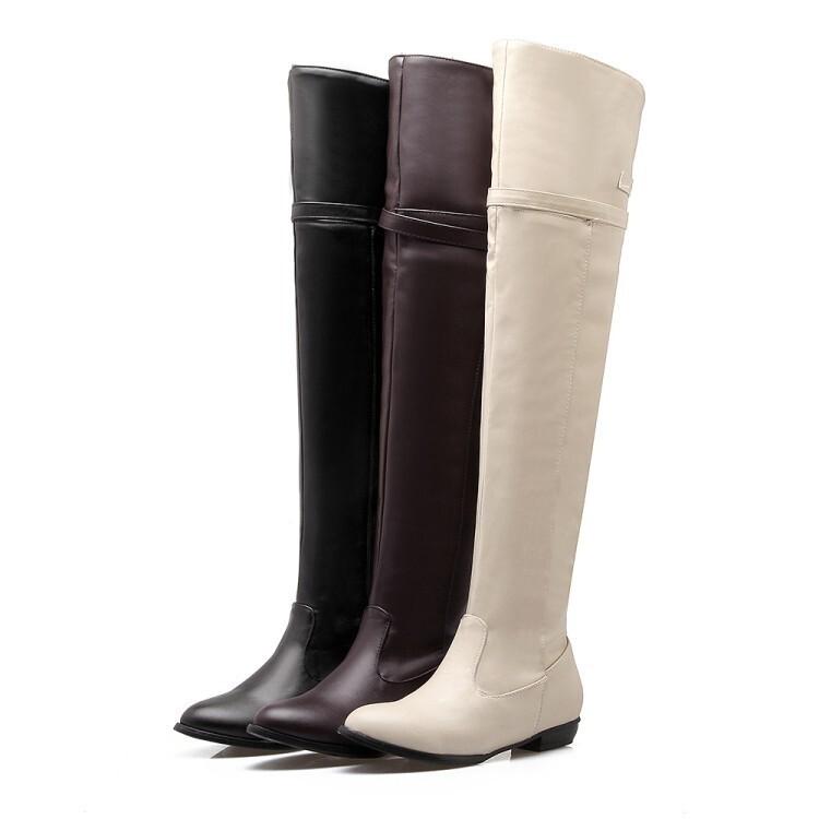 ロングブーツ レディース 膝上 ローヒール 合成革 ベルトバックル 欧米風 ハイカット 黒 茶 米色 合成内張り 大人向け ファッション 普段使い 軽量 伸縮性