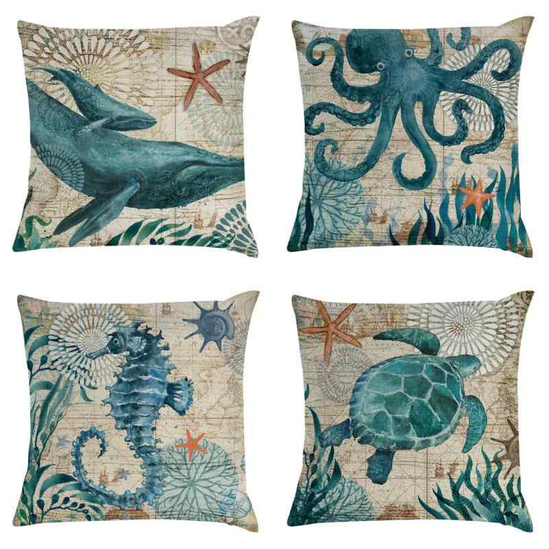 クッションカバー 海洋生物柄 ウミガメ タツノオトシゴ タコ クジラ 麻素材 北欧スタイル リビング ソファ インテリア かわいい シンプル リラックス