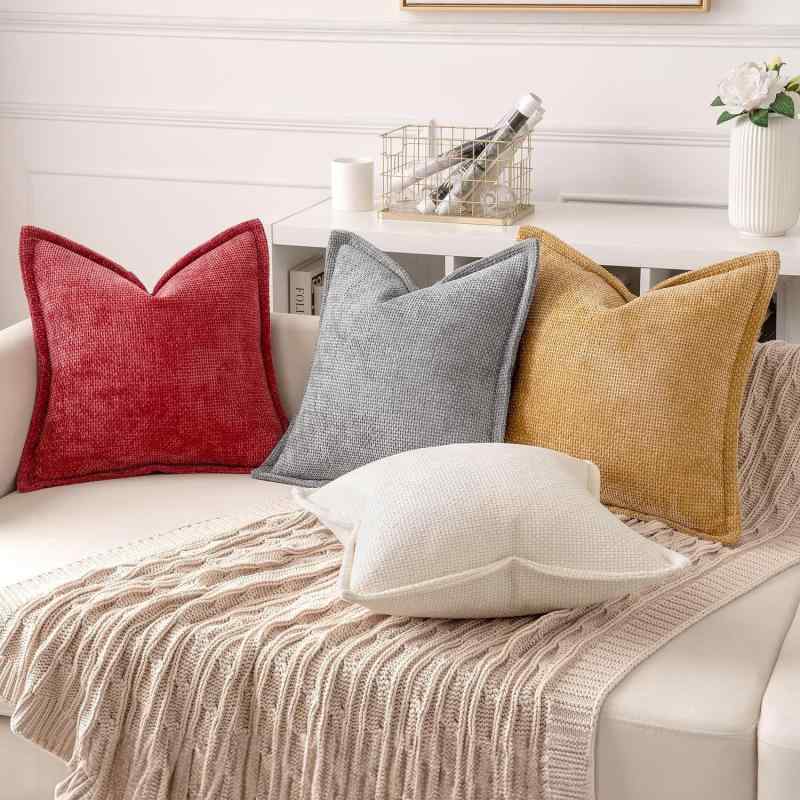 クッションカバー チェニール ストライプ柄 小格子織り シンプル モダン リビング ソファ ベッドルーム インテリア アイボリー グレー ブルー 柔らかい生地 縁取り加工