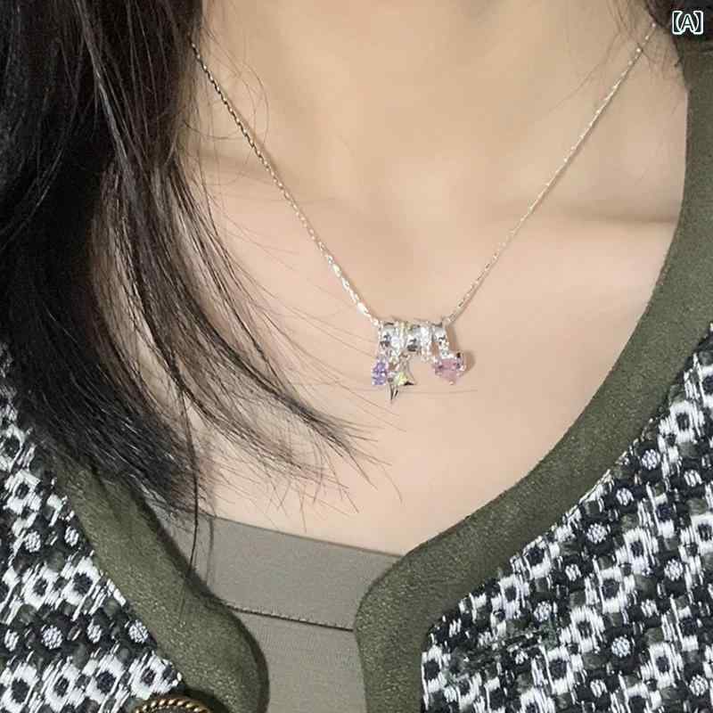 Other - ネックレス レディース ハート 星 ジルコニア ペンダント チェーン シンプル かわいい クール 高級感 鎖骨 アクセサリー 輝き 夏 合金 銅 電気メッキ加工 星形 モチーフ デコルテ 普段使い