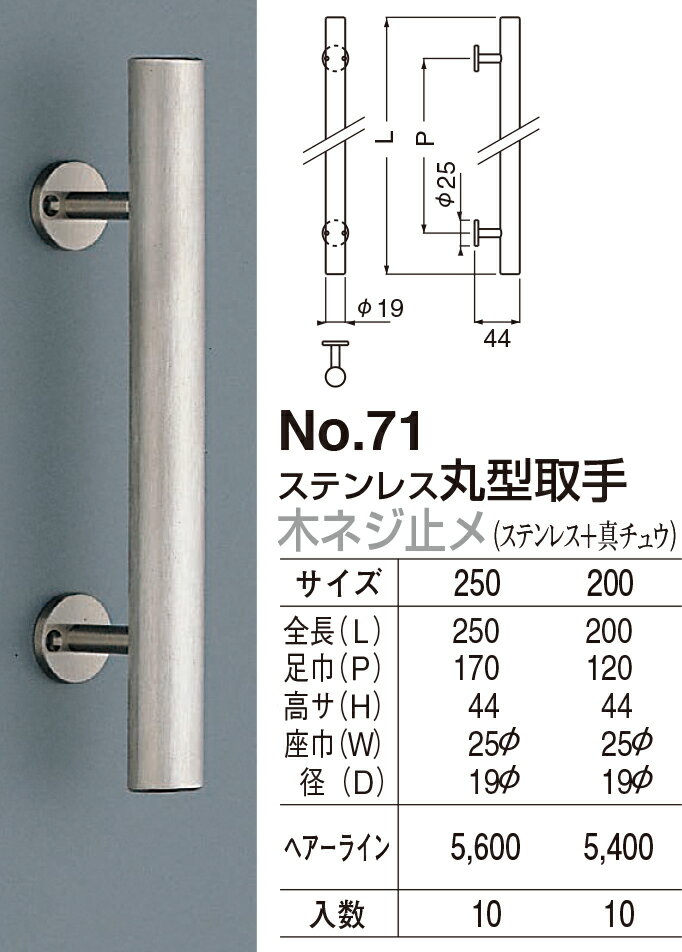【シロクマ】ステンレス丸型取手 木ネジ止メ No.71 250 HL（数量：1）