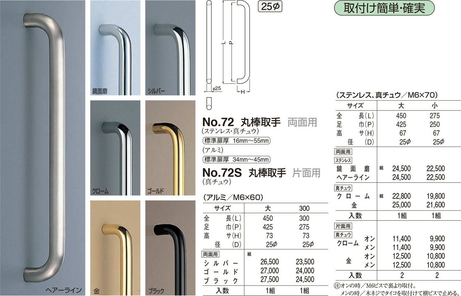 【シロクマ】丸棒取手φ25 両面用 No.72 小 金（数量：1）