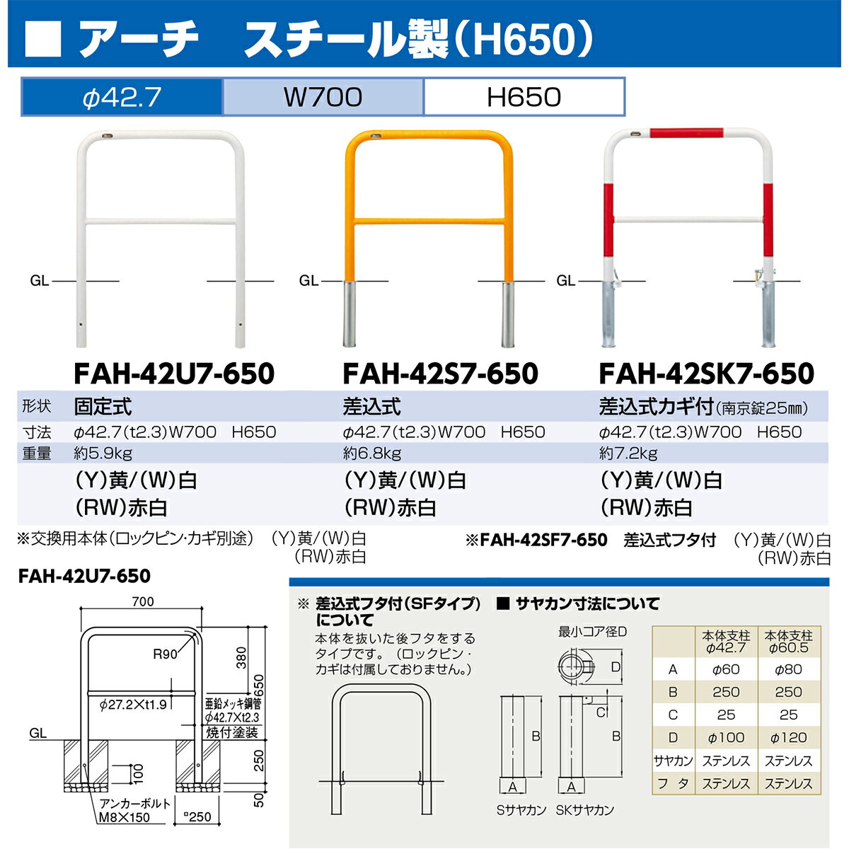 【サンポール】FAH-42SK7-650【赤白】 アーチ 交換用本体 【※代引不可】
