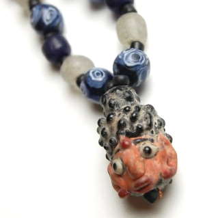 インドネシア 人面トンボ玉アンティーク風ビーズネックレス ブルー系 アクセサリー プレゼント アジア..