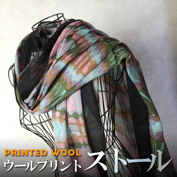 インド 薄手ウールプリント大判ショール（スカーフ、マフラー、ストール） グリーン ピンク アジアン 