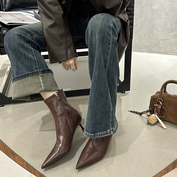 【新登場★10%OFF⇒4,752円】ポインテッドトゥ ショートブーツ レディース 2025秋冬新作 ストレッチスリムブーツ ブーツ ショートブーツ ピンヒール ヒール ストレッチ ハイヒール ショート ブーツ おしゃれ 美脚 カジュアル フェイクレザー 靴 柔らかい