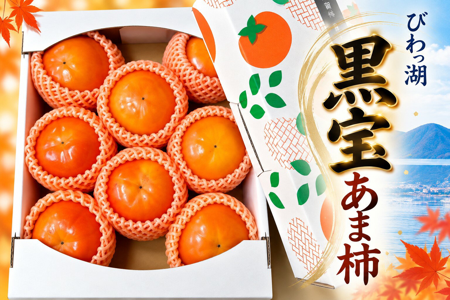 【11月中旬～順次発送】滋賀県産　びわっ湖　黒宝あま柿 6個～8個(約2.4kg) 完熟柿　黒甘柿　箱入り　贈答用　送料無料　産地直送 ～まるで果樹の宝石のように黒く輝くあまい蜜、濃厚でジューシーな甘さを誇る黒宝あま柿～ 滋賀県高島市の自然が育む、こだわりの樹上脱渋柿晩秋には時雨が降り、冬には雪が積もる滋賀県高島市。日本海側特有の気候と昼夜の寒暖差に恵まれたこの地では、甘み豊かな美味しい果樹や野菜が育ちます。私たちは、この自然豊かな土地で育てた渋柿を、「樹上脱渋（じゅじょうだつじゅう）」という手間ひまのかかる伝統的な方法で、一つひとつ丁寧に仕上げています。樹上脱渋とは、柿を収穫する前に、固形アルコールを入れた専用の袋を、一つひとつ手作業で果実にかけ、木になったまま渋を抜く方法です。渋抜きの処理を終えた後も、柿は木の上で秋の日差しを浴びながら、ゆっくりと色づき、甘みを蓄えていきます。大変な手間と時間を要する作業ですが、「木の上でじっくり育った柿ならではの美味しさをお届けしたい」という想いから、私たちは毎年この作業を大切に続けています。さらに、土づくりから肥料の選定までこだわり、柿本来の美味しさを引き出せるよう、丹精込めて育てています。一口食べれば、濃厚でジューシーな甘みと、口いっぱいに広がる芳醇な風味。滋賀県高島市の豊かな自然と、私たちの手間ひまが育んだ特別な柿を、ぜひご賞味ください。・ご注意熟成具合によって個体差があるため、甘さや風味にバラつきがある場合がございますが自然の恵みとしてお楽しみください。保存は冷暗所で行い、早めにお召し上がりいただくことをおすすめします。農作物のため、生育状況や天候により、収穫時期が前後する場合がございます。あらかじめご了承ください。 ・お届け時期【11月中旬以降～12月上旬発送予定】 12