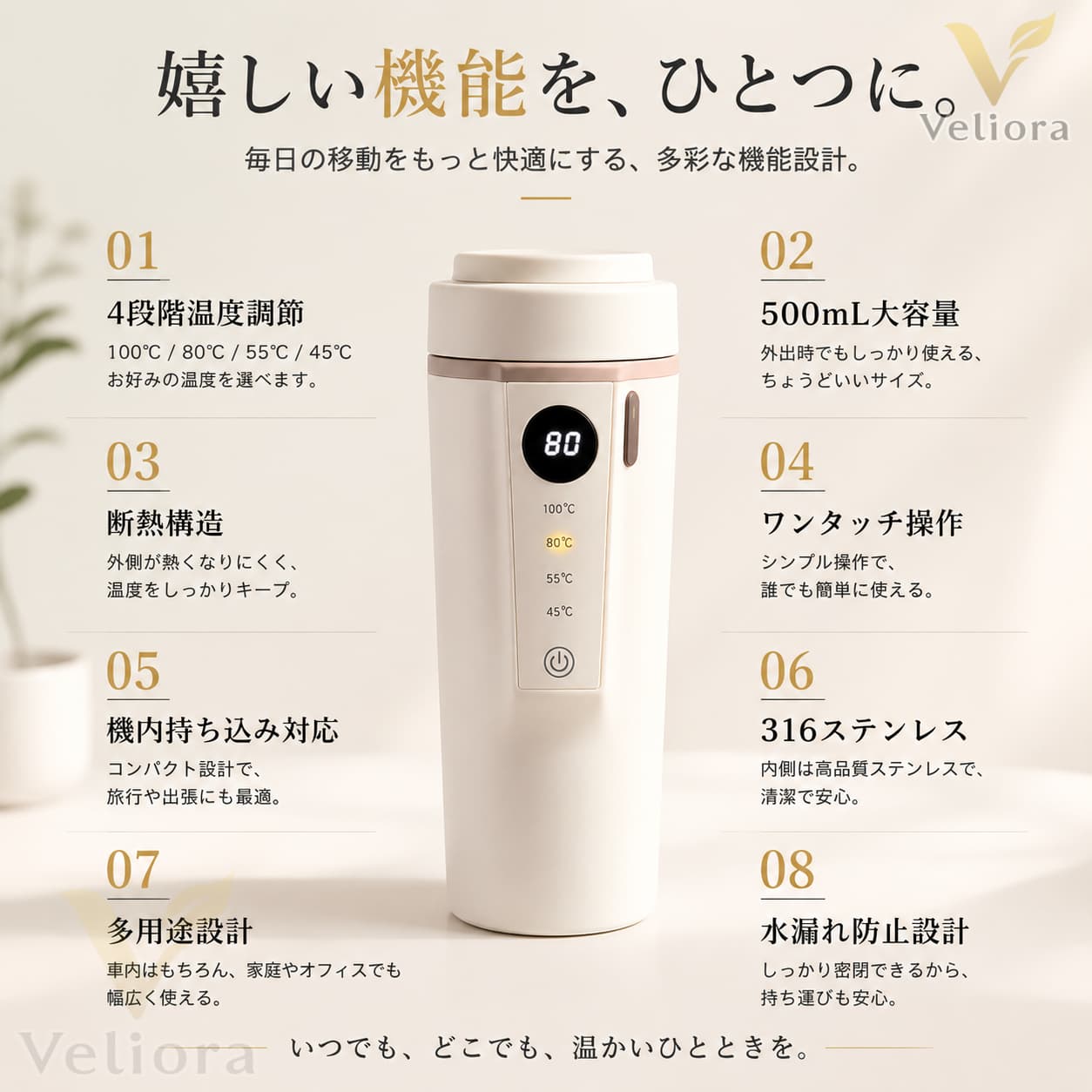 【SNSで話題沸騰★P10倍＆最大2000円OFF】 車載電気ケトル 電気ポット 電気ケトル小型 ポータブルケトル ミニ電気ケトル 500ml 大容量 車用 湯沸かし器 湯沸し器 温度調節 保温機能 Type-C対応 316ステンレス 三層断熱 4段階温度設定 100℃ 80℃ 55℃ 45℃ 自動電源OFF our-rhythm-10000490 Veliora サンプル画像3