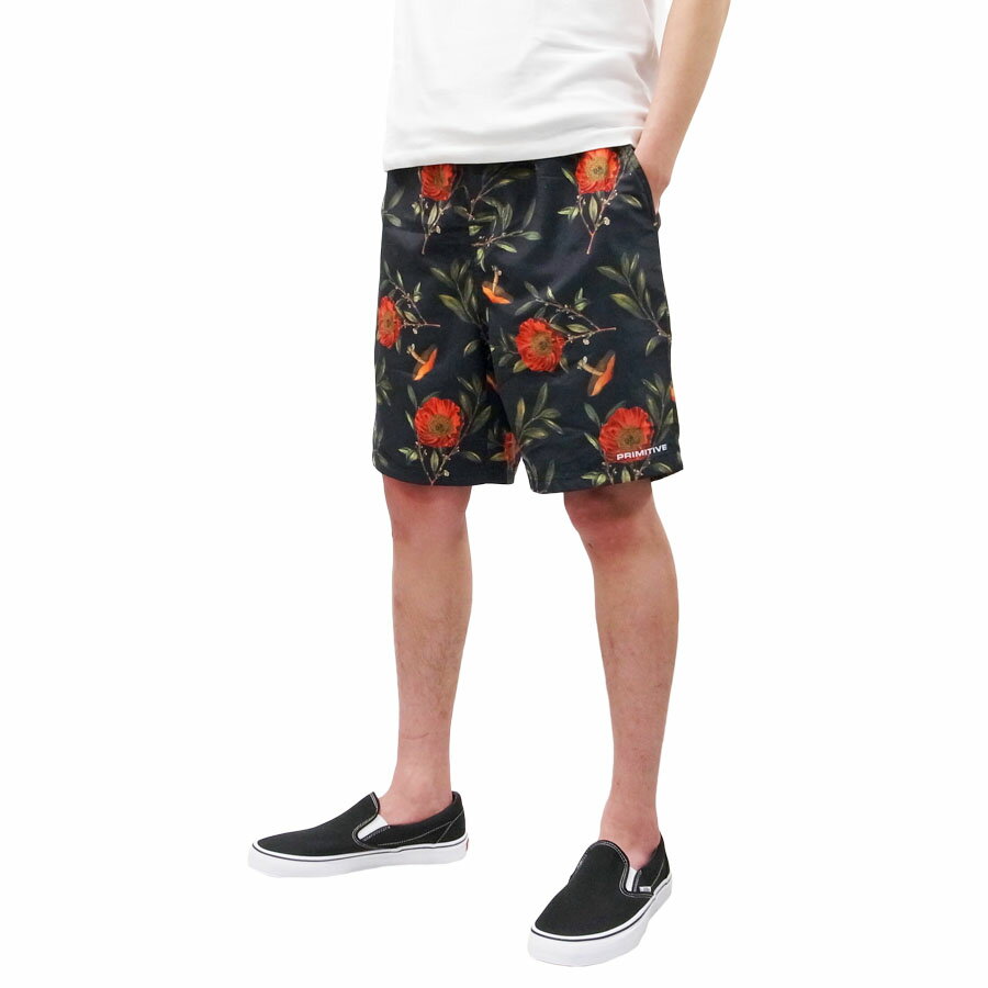 PRIMITIVE プリミティブDOVER SHORT PANT BLACK (パンツ ショートパンツ 水着 海パン メンズ ボードショーツ ストリート スケート メンズ ブラック 黒 ボタニカル 花)