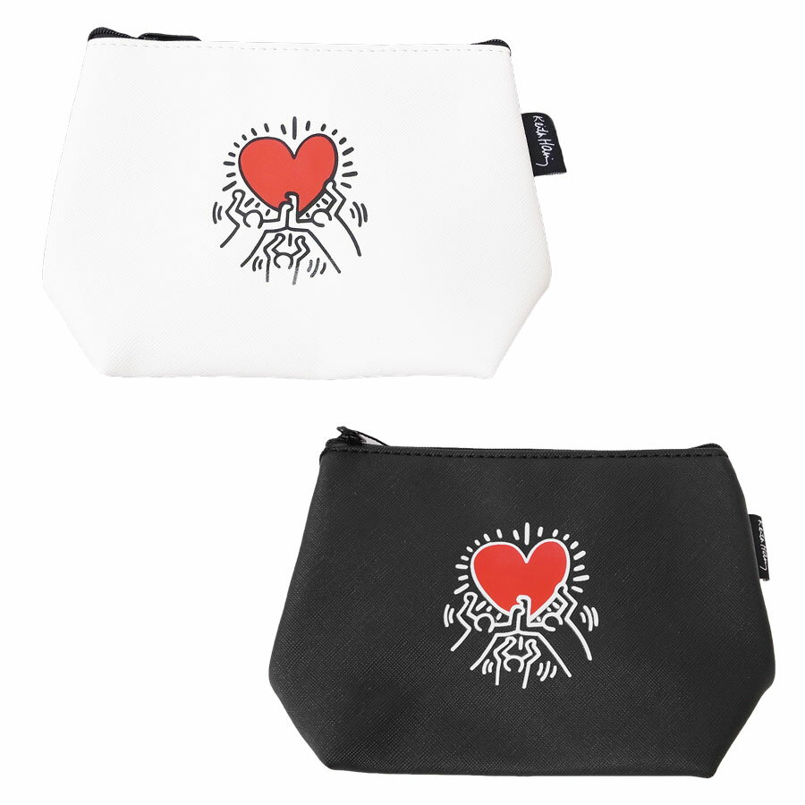 KEITH HARING キースヘリングハート POUTH　[2色](ケース 化粧 ポーチ 小物 かわいい おしゃれ ポーチ バッグインバッグ ミニ タバコ たばこ ケース 収納 トラベル BAG 鞄 メンズ レディース ユニセックス 総柄 黒 ブラック 白 ホワイト)