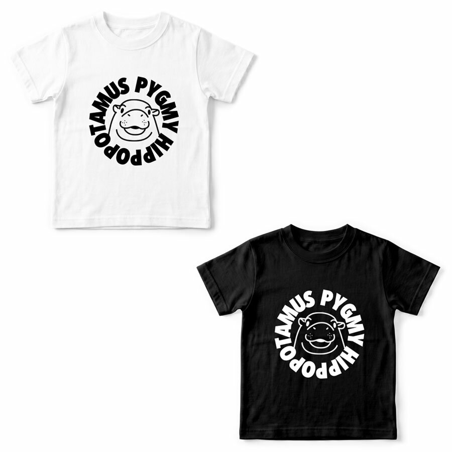 Rakuten - 半袖Tシャツ カットソー ミドル丈 子供 小人 キッズ 小さいサイズ ボーイ ガール Uネック 丸首 グラフィック デザイン かわいい おもしろ おしゃれ イラスト ワンポイント コビトカバ 赤ちゃん ムーデン アニマル ホワイト 白 ブラック 黒Our.s アワーズ ロゴ S/S TEE