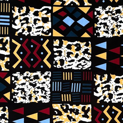 アフリカンプリント 布 生地 50cm単位 AP-13349 カラフル泥染め紋様にヒョウ柄 黒地 アフリカ 布 ブロード カットクロス ハンドメイド パッチワーク エコバッグ 手芸材料 ダンス 舞台 衣装 通園通学に