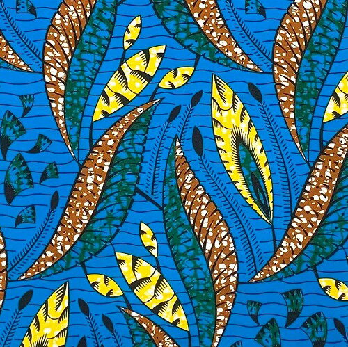 アフリカンプリント 布 生地 50cm単位 AP-13591 水中で揺らぐ葉っぱ 黄色 青地 アフリカ 布 ブロード ..