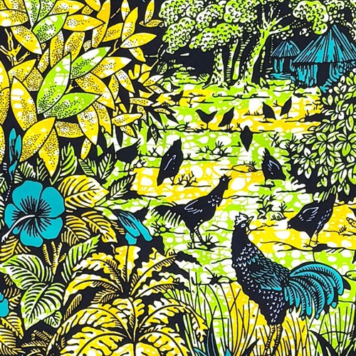 アフリカンプリント 布 生地 50cm単位 AP-13799　ニワトリ 田園風景 庭 黄色 緑 ブルーグリーン　アフ..