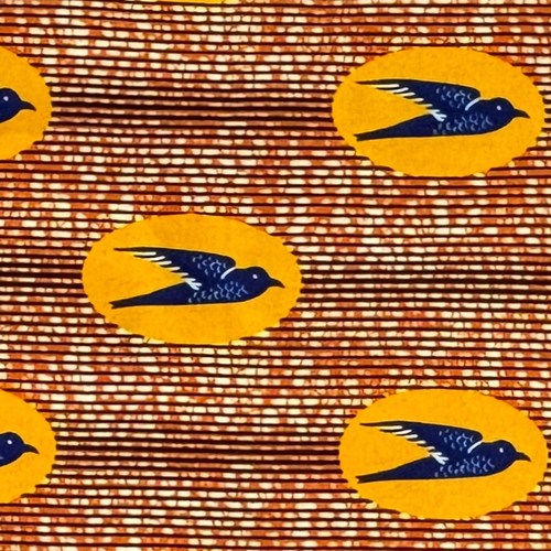 アフリカンプリント 布 生地 50cm単位 AP-13814　飛ぶ鳥 ツバメ 山吹色緑楕円に濃紺鳥 オレンジ色地　..