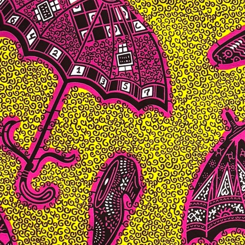 アフリカンプリント 布 生地 50cm単位 AP-13819　パラソル 靴 傘 シューズ ピンク キイロ地　アフリカ ..