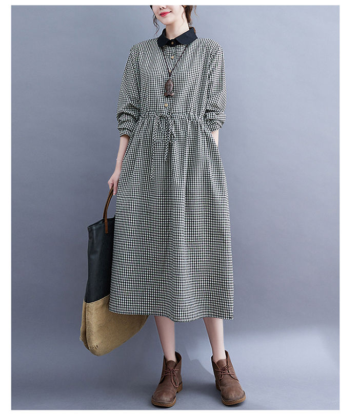 ワンピース シャツワンピース レディース 春 長袖 ロングワンピース マキシワンピース Aライン チェック柄 ゆるシルエット ワンピ オフィス ナチュラル ゆったり フレア ワンピース ガーゼタッチ 体型カバー 綿麻風 秋 春 カジュアル 大人 30代 40代 50代