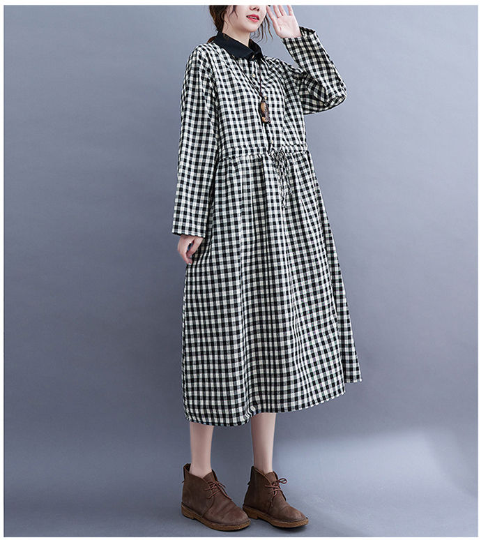 ワンピース シャツワンピース レディース 春 長袖 ロングワンピース マキシワンピース Aライン チェック柄 ゆるシルエット ワンピ オフィス ナチュラル ゆったり フレア ワンピース ガーゼタッチ 体型カバー 綿麻風 秋 春 カジュアル 大人 30代 40代 50代