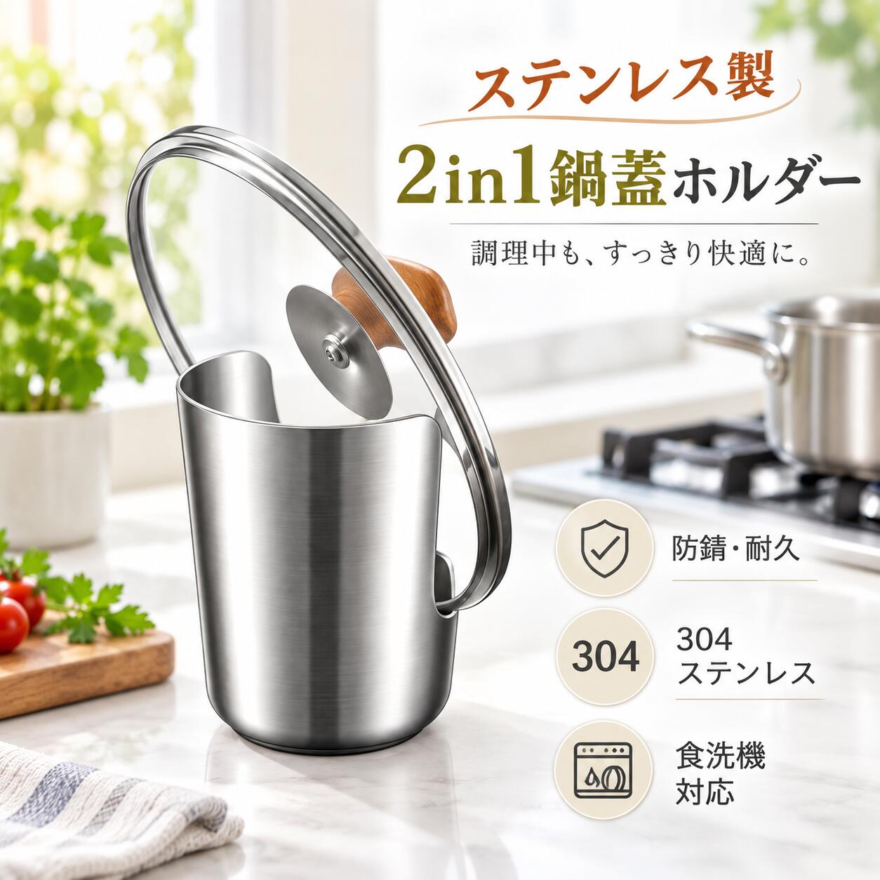 鍋蓋スタンド 304ステンレス製 お玉スタンド 鍋ふたラック キッチンツールスタンド 菜箸スタンド フライ返しスタンド 省スペース コンパクト 食洗機対応 キッチン収納 台所用品 箸置き 多機能 一体型 水受け付き 調理器具ホルダー 縦置き 安定感 錆びにくい