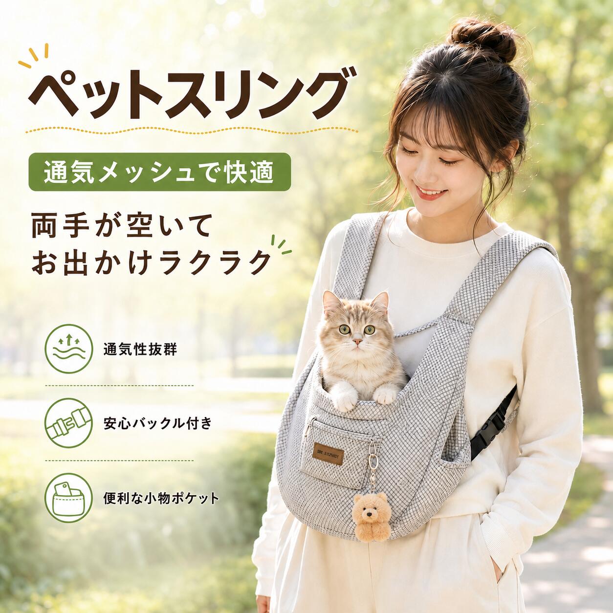 Rakuten - ペットスリング ペット 抱っこ紐 スリング ショルダーバッグ メッシュ 夏用 キャリーバッグ ドッグスリング ペットグッズ ドッグスリングバッグ 軽量 ペット用品 通気性 太ストラップ 飛び出し防止 ポケット ショルダーベルト 耐荷重5kg お散歩 持ち運び 小型犬用 猫