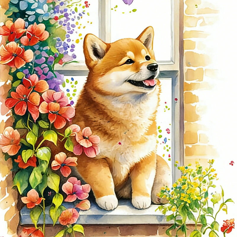 Rakuten - ダイヤモンドアート キット 四角 丸ビーズ 柴犬 花の窓辺 犬 春 スクエア ダイアモンドアート ダイヤモンドペインティング ビーズ 刺繍キット セット ハンドメイド 手芸 DIY ビーズ アート インテリア 飾り 手芸 芸術品 手作り 刺繍キット 初心者セット
