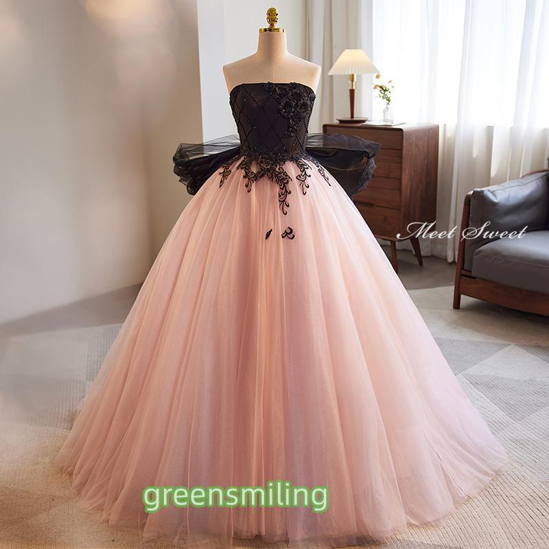 カラードレス 編み上げ ビスチェ リボン ピンク 黒 ロングドレス 結婚式 二次会 発表会 演奏会 ウェデ..