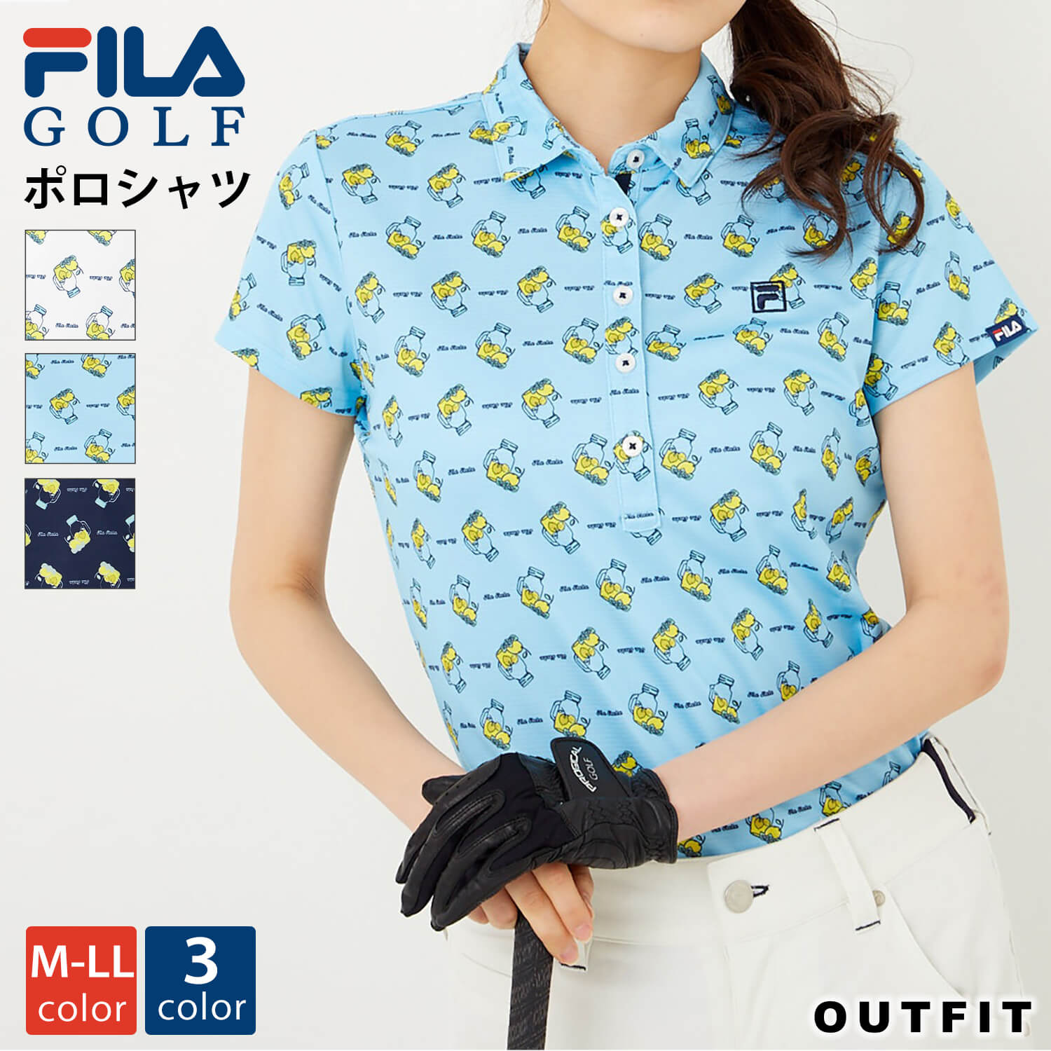 FILA GOLF フィラゴルフ ゴルフウェア ポロシャツ 半袖 レディース 総柄 プリント トップス おしゃれ かわいい ブランド ロゴ 春 夏 秋 大きいサイズ M L LL 白 紺 ホワイト ブルー ネイビー スポーツウェア トレーニング ギフト プレゼント outfit