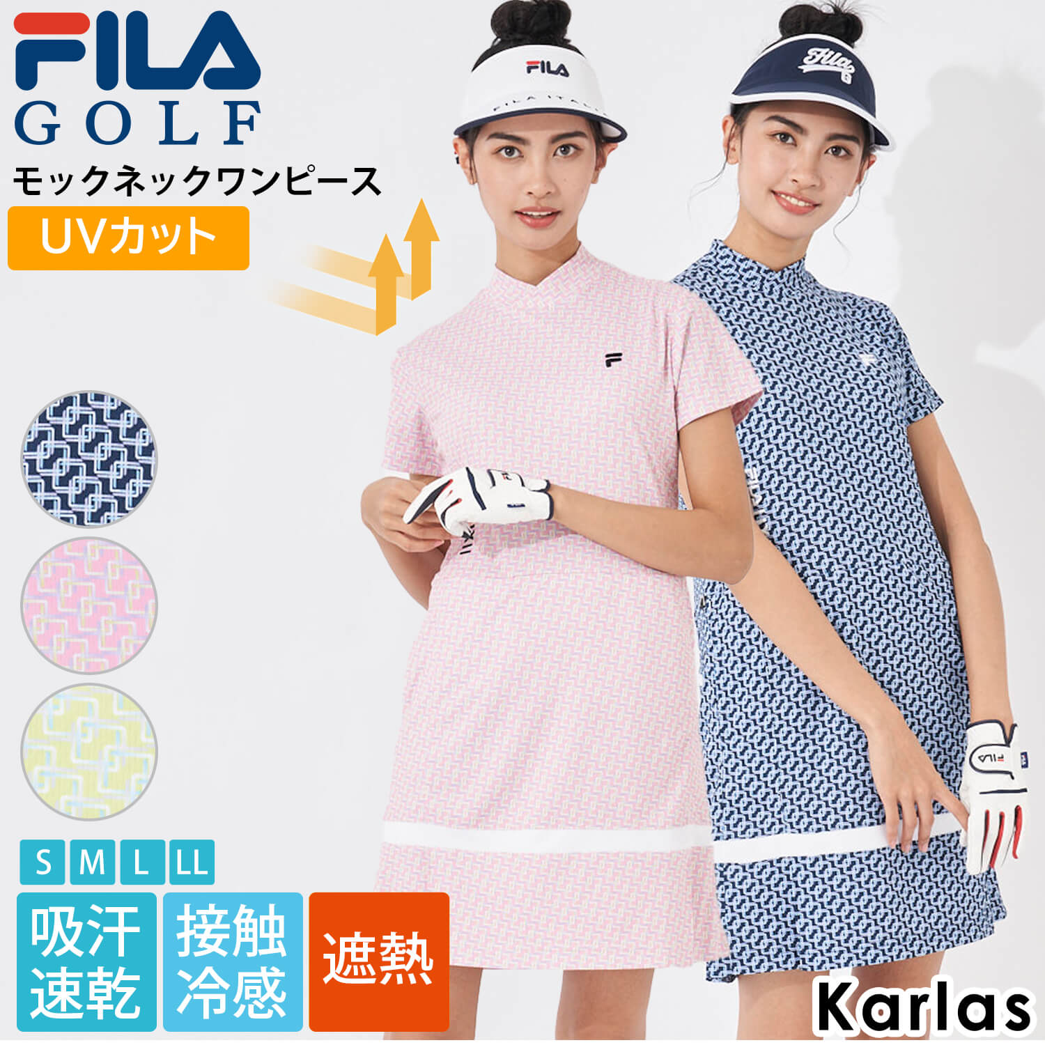 FILA GOLF フィラゴルフ ゴルフウェア ワンピース レディース ひざ上 吸汗速乾 接触冷感 UVカット 遮熱 モックネック プリーツ ミニ 柄 大きいサイズ ゴルフ スポーツ おしゃれ きれいめ ブランド S M L LL