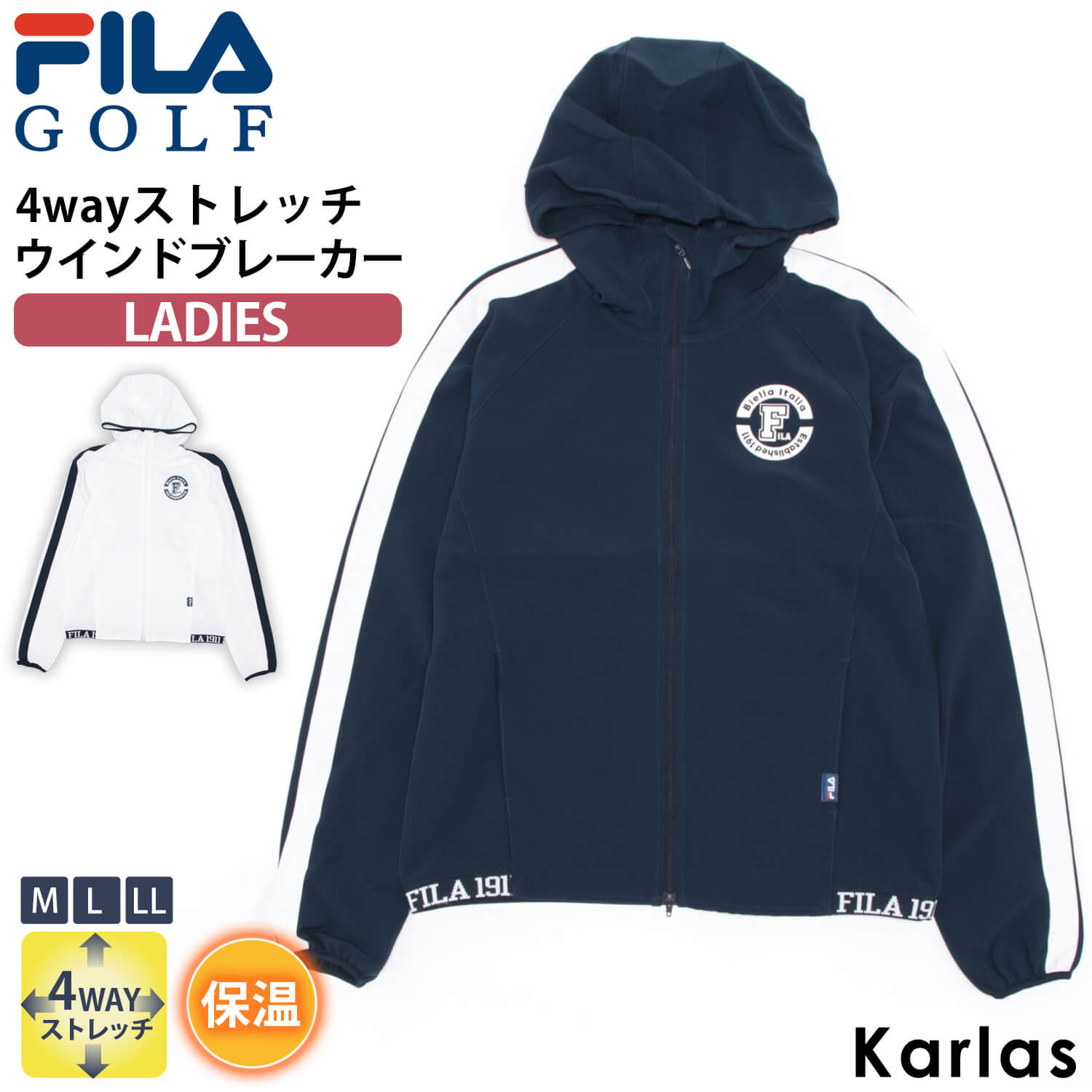 FILA GOLF フィラゴルフ ゴルフウェア ブルゾン レディース 長袖 ウインドブレーカー ジャケット ブランド 秋冬 フーディ ハイネック 4way ストレッチ 保温 防寒 防風 M L LL スポーツ アウトドア シンプル おしゃれ 冷え対策 20代 30代 40代 50代 白