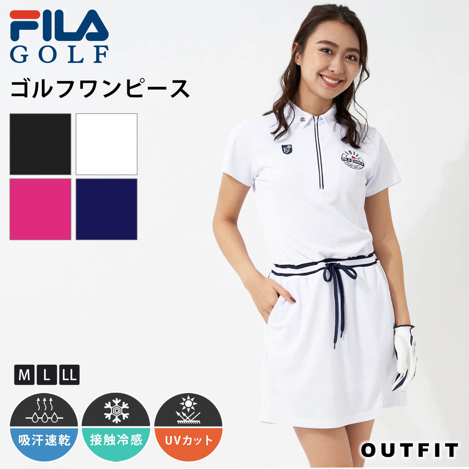 FILA GOLF フィラゴルフ ゴルフウェア ワンピース レディース 半袖 ミニ丈 膝上 接触冷感 涼しい 吸汗速乾 ドライ 鹿の子 UVカット 紫外線対策 紫外線防止 おしゃれ かわいい シンプル カジュアル ブランド ロゴ 韓国 M L LL 大きいサイズ 春夏 スポーツウェア ギフト outfit