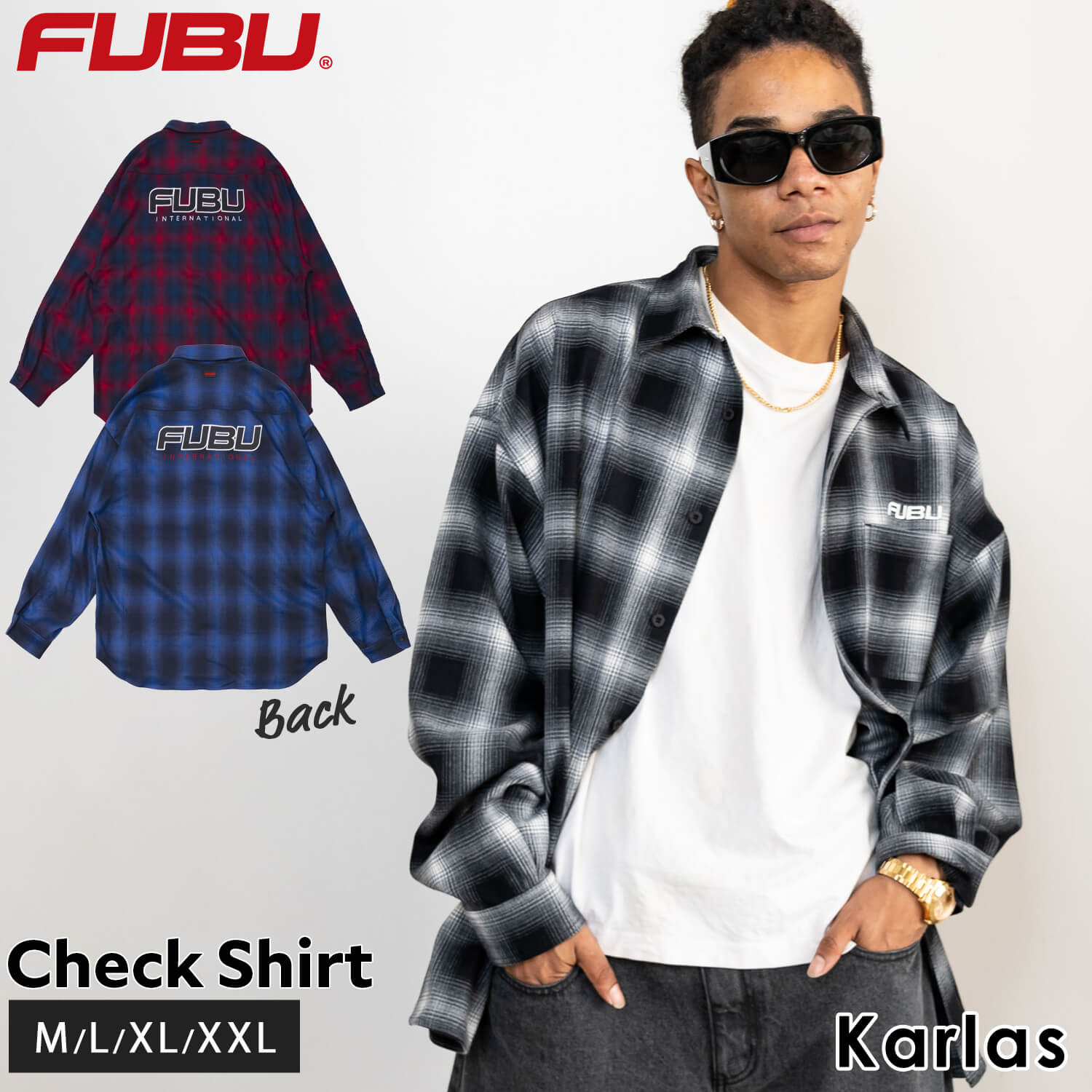 【クーポンで20%OFF】 FUBU フブ チェックシャツ メンズ レディース 長袖 ワイシャツ トップス ブランド 秋 冬 ワッペン 刺繍 XL XXL オーバーサイズ アメカジ ユニセックス 男女兼用 ストリート系 黒 青 赤 2023FW