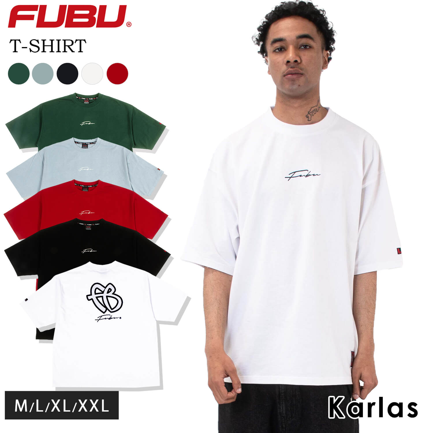 楽天Karlas（カルラス）【在庫売り尽くし!】 FUBU フブ Tシャツ メンズ レディース 半袖 トップス ブランド 春 夏 ロゴ バック ワッペン Uネック XL XXL 綿 オーバーサイズ アメカジ ユニセックス 男女兼用 ストリート系 おしゃれ 白 黒 青 赤 緑 karlas