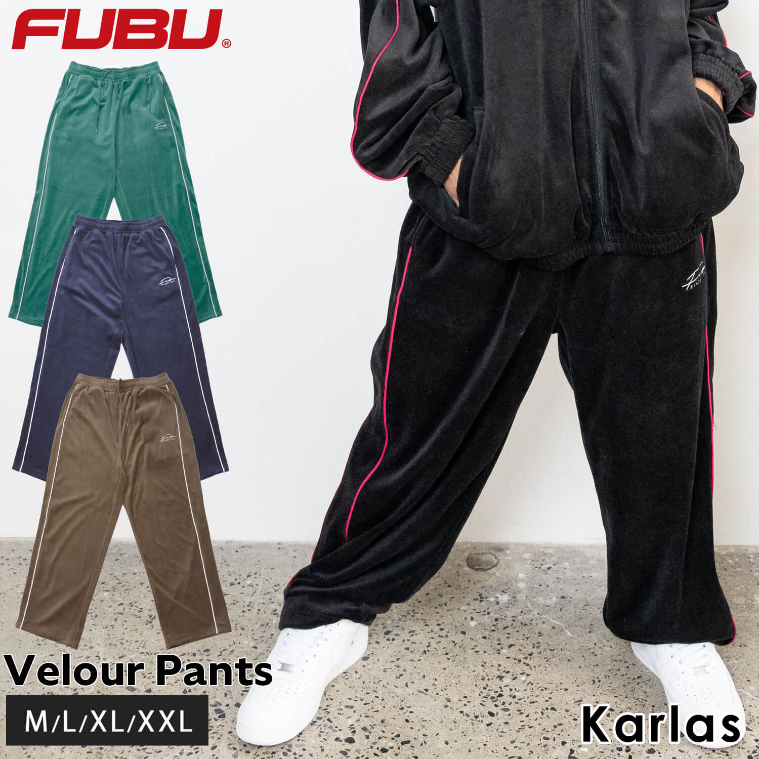 FUBU フブ ロングパンツ メンズ レディース ベロアパンツ イージーパンツ トラックパンツ ルーズシルエット ウエストゴム ブランド 秋 冬 ロゴ 刺繍 XL XXL オーバーサイズ アメカジ ユニセックス 男女兼用 ストリート系 黒 2023FW