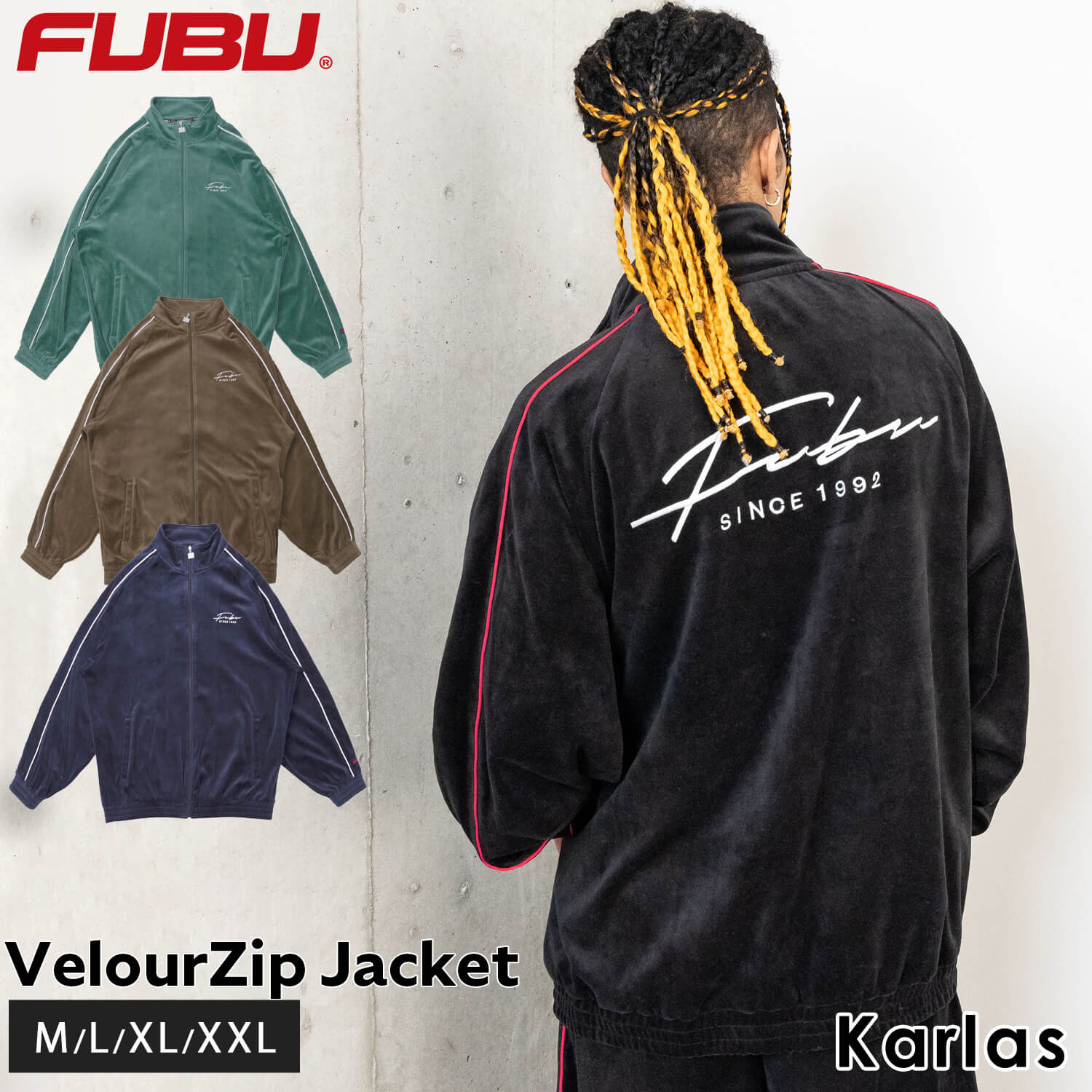 FUBU フブ ジャケット メンズ レディース 長袖 ベロア ブルゾン ジップアップ フルジップ トップス ブランド 秋 冬 筆記体 ロゴ 刺繍 XL XXL オーバーサイズ アメカジ ユニセックス 男女兼用 ストリート系 黒 2023FW