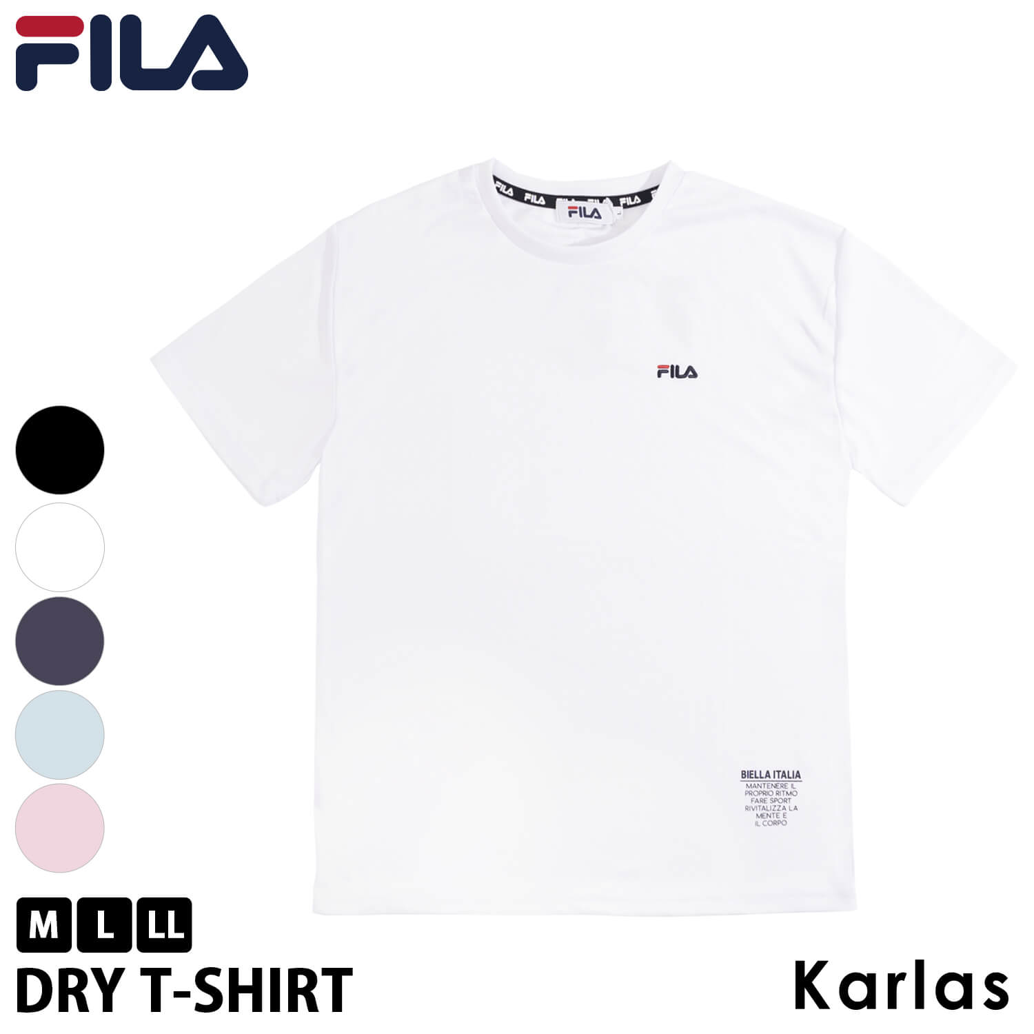 FILA フィラ Tシャツ レディース 半袖 夏 春 ドライ 吸汗速乾 ストレッチ 薄手 クルーネック ティーシャツ ブランド ロゴ カジュアル スポーツ ロゴT 刺繍 トップス M L 中学生 高校生 白 黒 2024ss Karlas